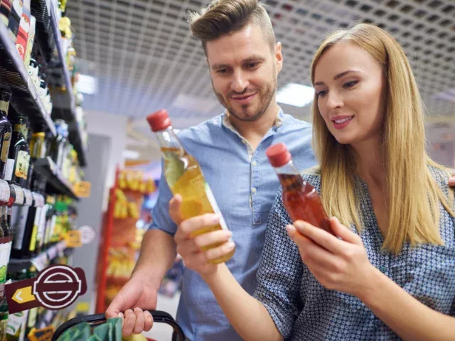 Young couple comparing two brands of bottled drinks