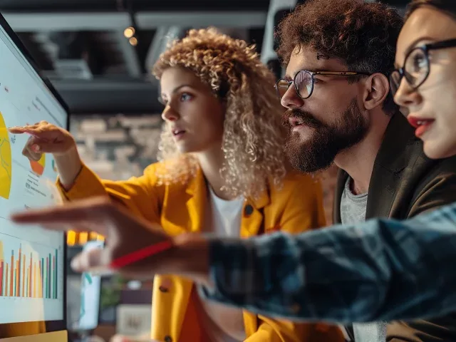 Three team members reviewing data